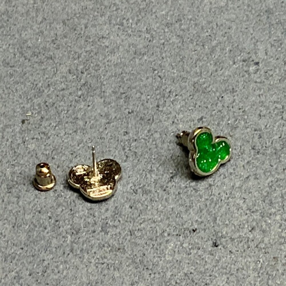 Disney Pierced Stud Earrings 0.5 In Mickey Mouse Ears Silver Green Sparkly Glam - Picture 4 of 6
